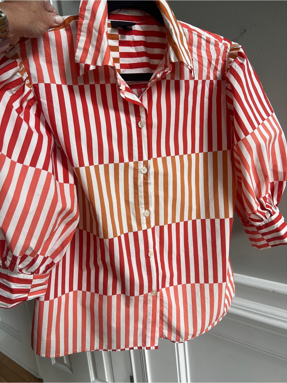 Who What Wear Striped Puff Sleeve Button Down Shirt Small Red Orange